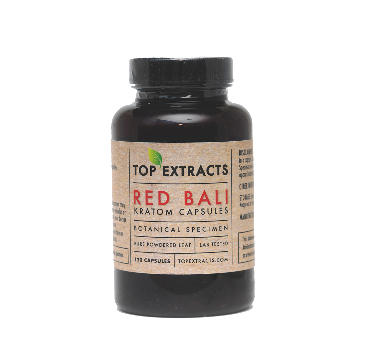 Bottle of Top Extracts Red Bali Kratom capsules on white background